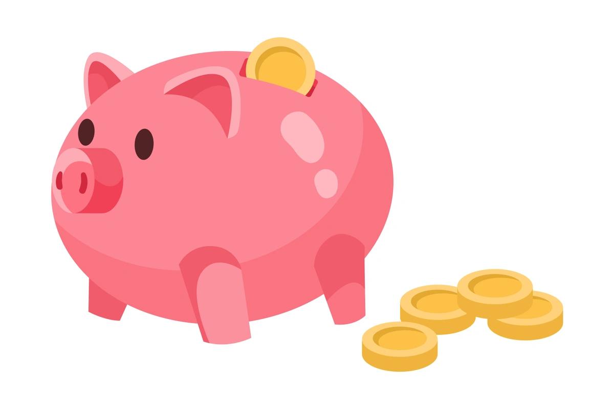 An illustration of a piggy bank with five gold coins.
