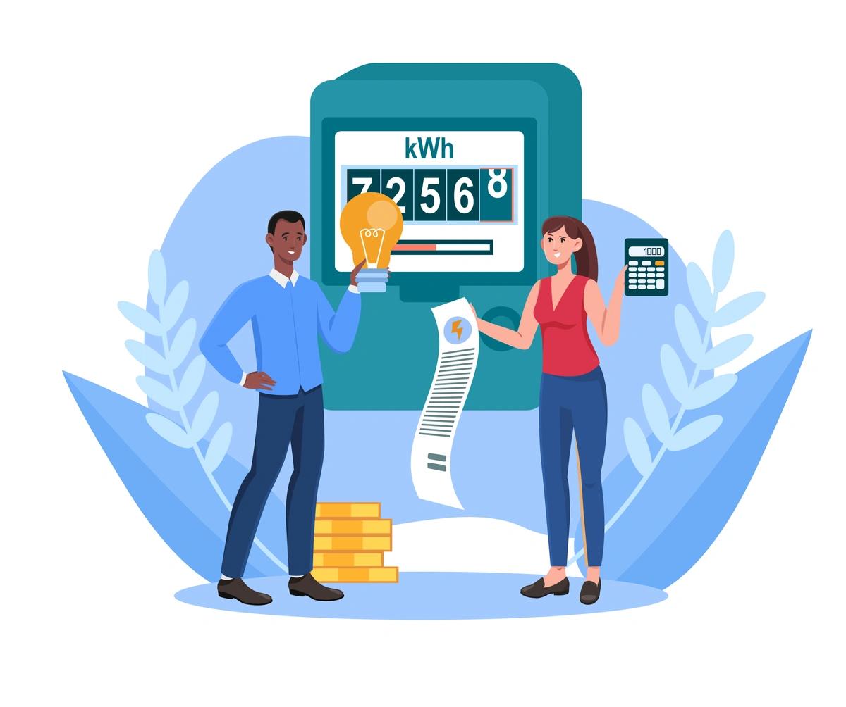 Illustration of a couple in front of an electric meter working out their energy costs