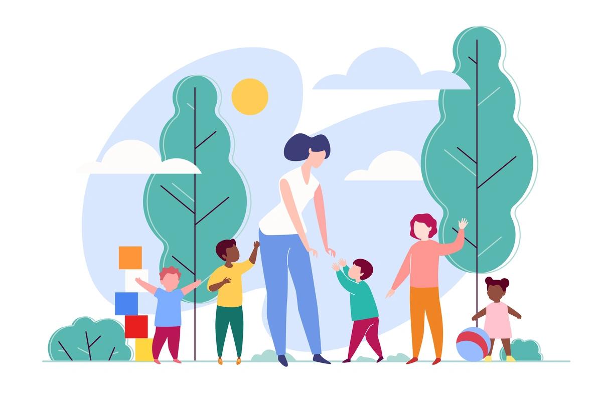 Illustration of person taking care of children