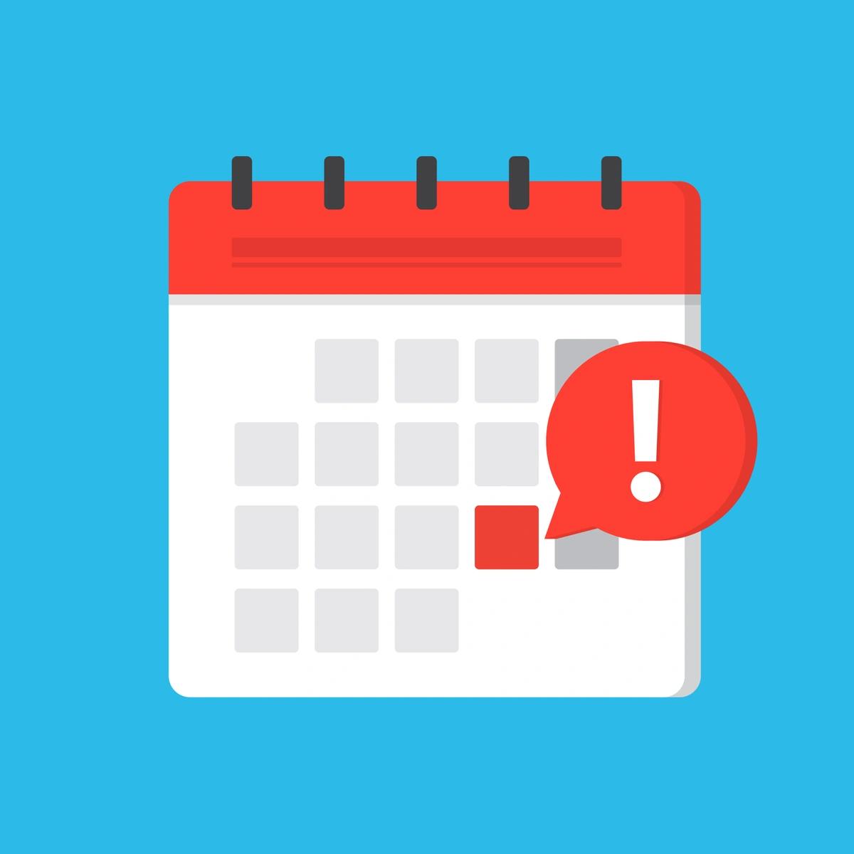 An illustration of a calendar with one date highlighted in red with an exclamation point