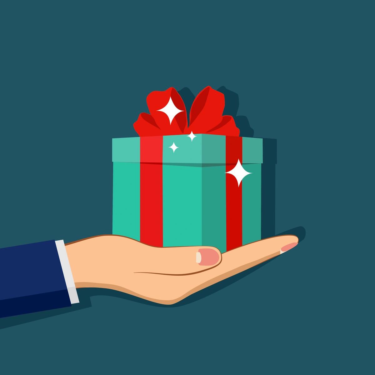 An illustration of a businessman holding out a gift box, symbolising a company giving out a freebie as a gesture of goodwill.