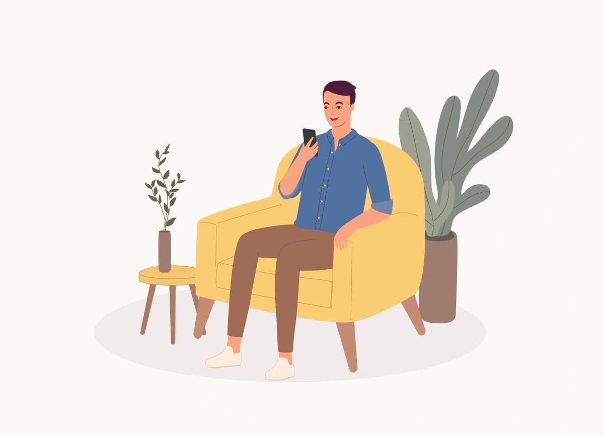 An illustration of a man sitting on a chair, talking on his phone in front of him.