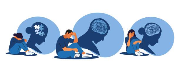 Illustrated images people struggling with mental health. Mental health and money