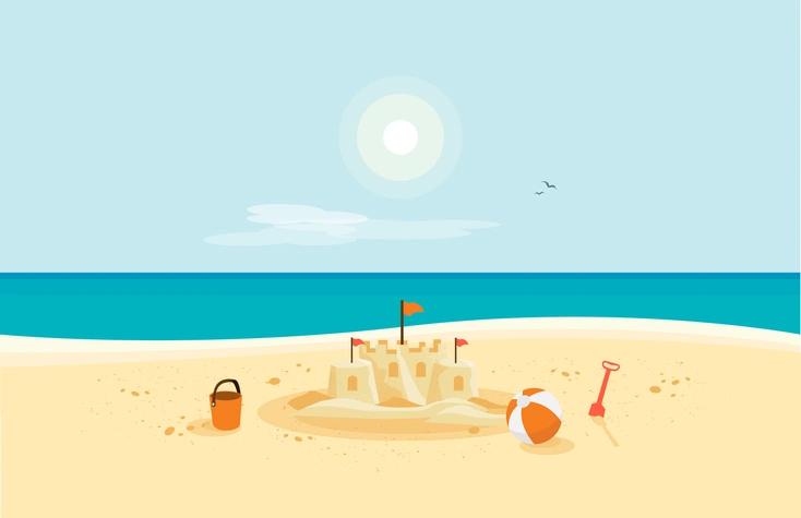 drawing of a beach with a sandcastle