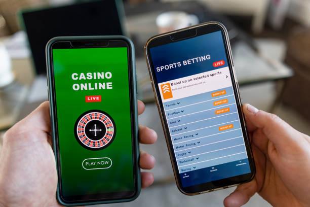 Image of two phone screens; one with an online casino open and the other with an online betting site