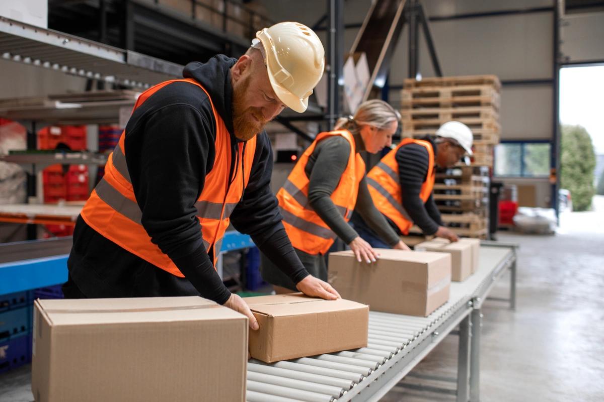 Warehouse workers on a production line