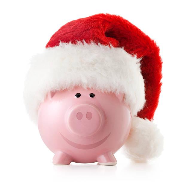 Image of a piggy bank with a santa hat on