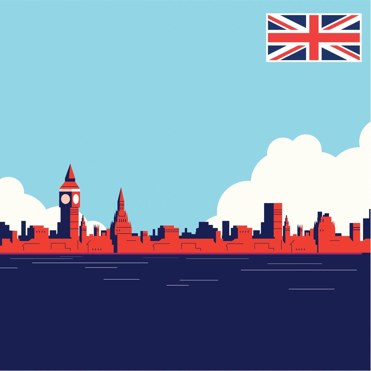 Illustration of London landscape with UK flag