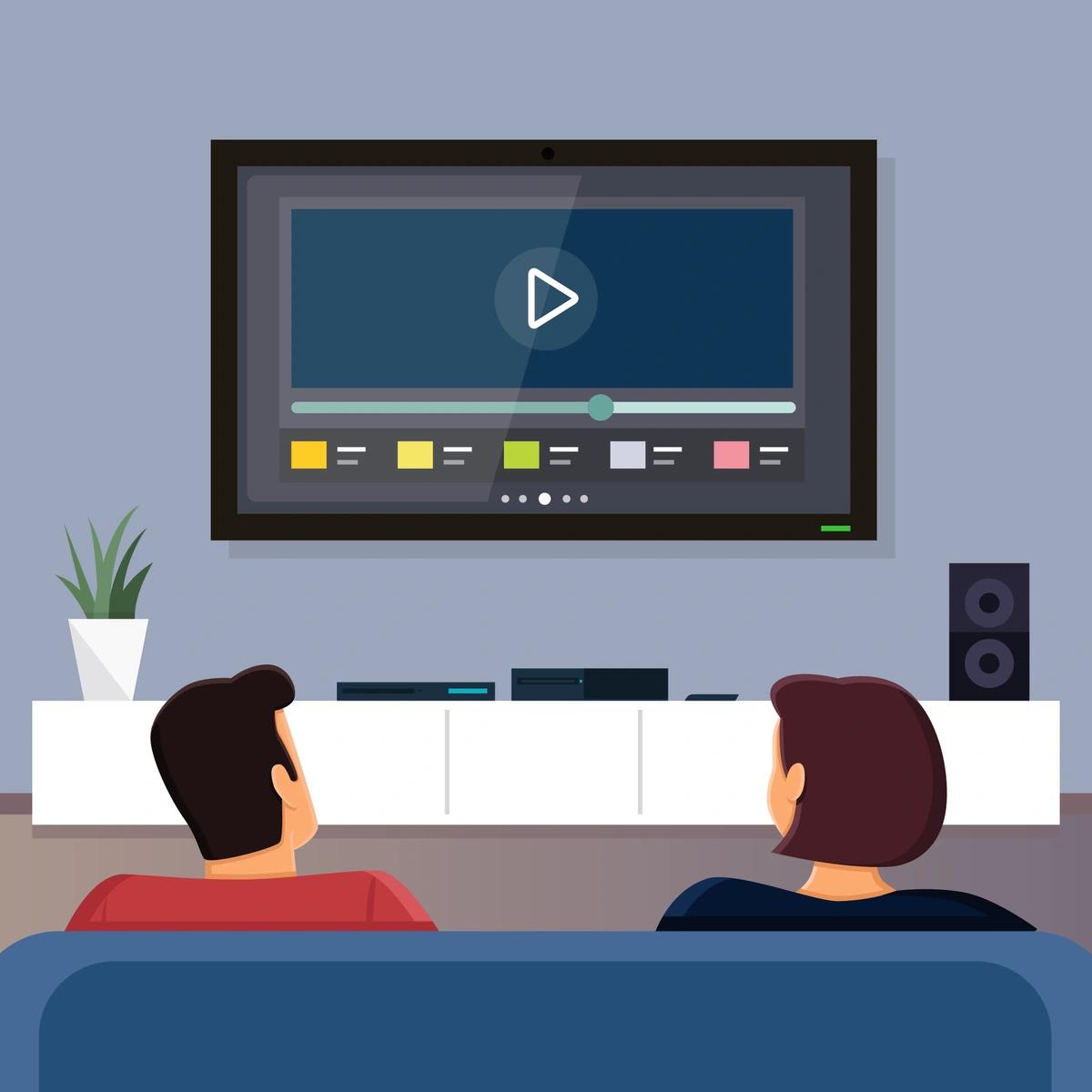 An illustration of a couple sat on the sofa watching television.