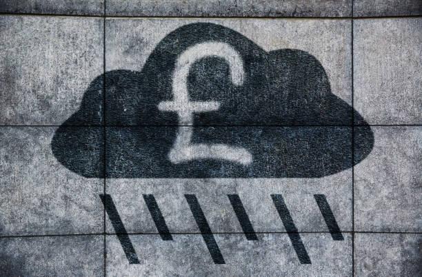 Image of a £coin in a black storm cloud. Cost of living warning as experts fear return of stagflation. What is means for your money.