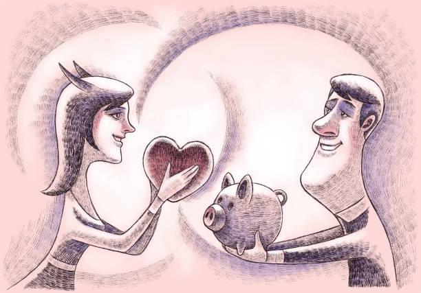 Illustrated image of a woman holding a heart and a man holding out a piggy bank