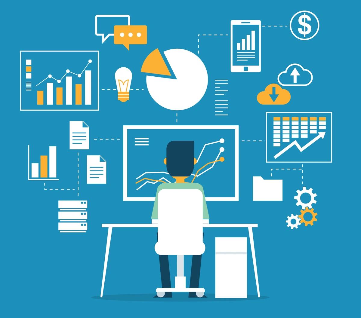 Illustration of a man at a computer analysing data
