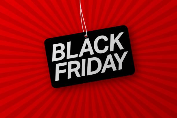 Red illustrated image with a black tag hanging saying Black Friday