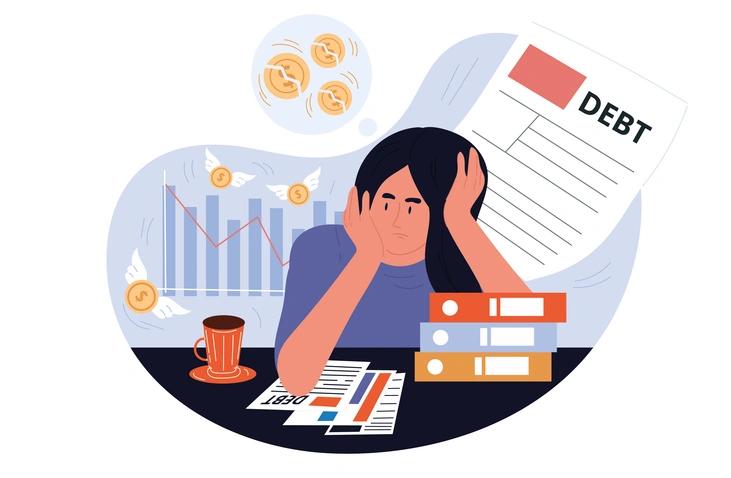 illustrated woman with head in her hands surrounded by debt bills