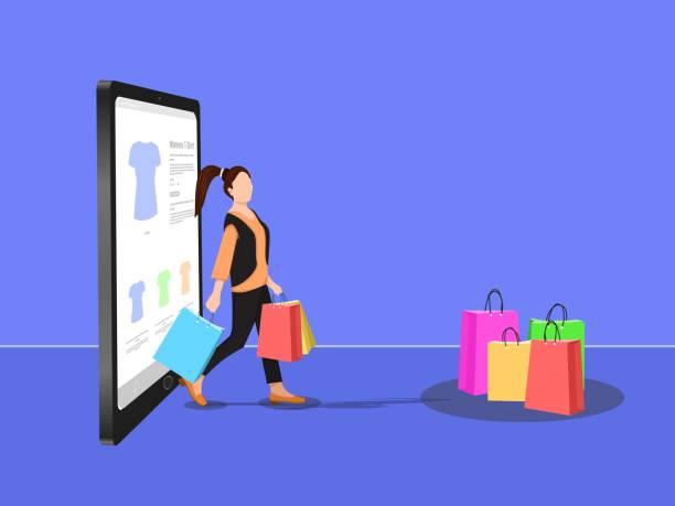 Illustrated picture of a lady walking out a mobile phone with shopping bags. ONS retails sales figures remain flat for March