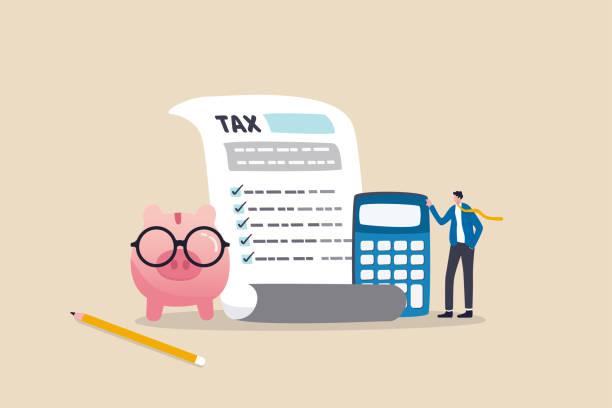 illustrated image of a piggy bank, tax form, calculator and pen