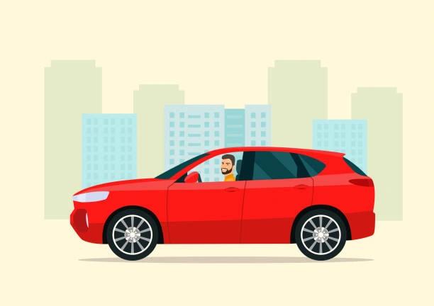 An illustration of a man driving a red car through a city.