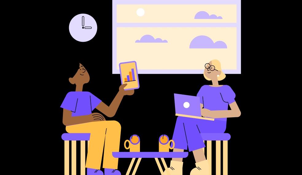 Two people talking about finances over coffee