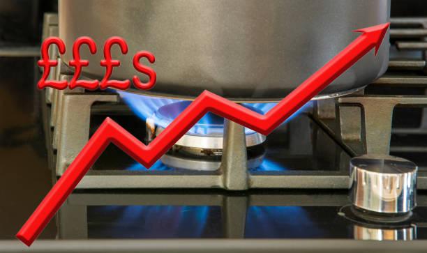 Image of a pot boiling on a gas cooker with a red arrow moving up and £'s next to it