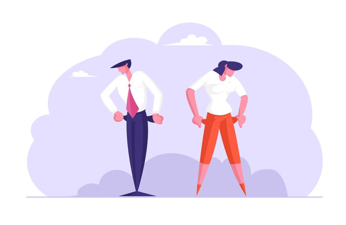 An illustration of a man and a woman with empty pockets