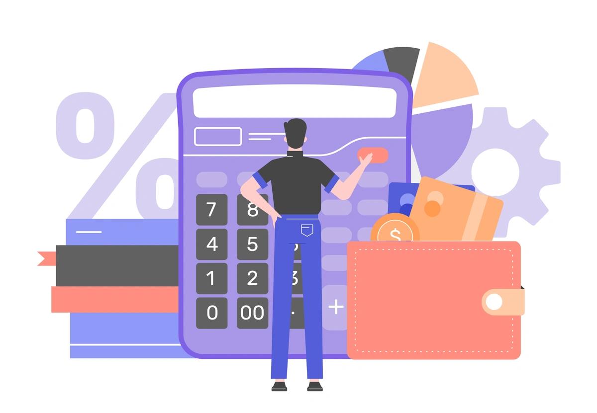 Illustration of a man in front of a huge calculator and wallet