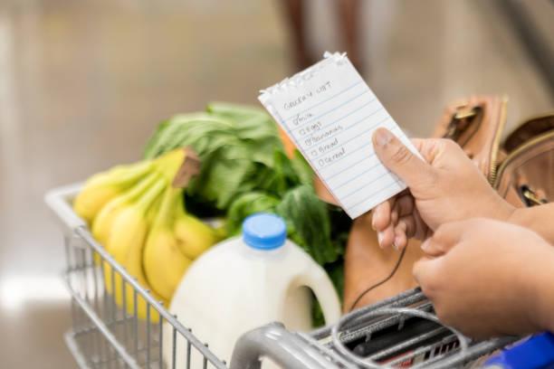 Image of a woman leaning over a supermarket shopping trolly filled with food while she looks at her shopping list