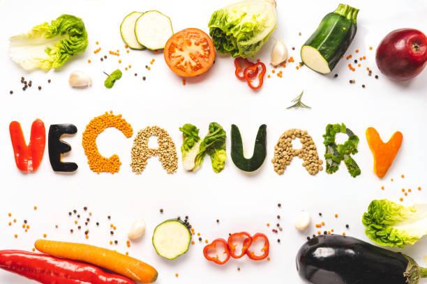 Image of Veganuary spelt out in vegetables and pulses