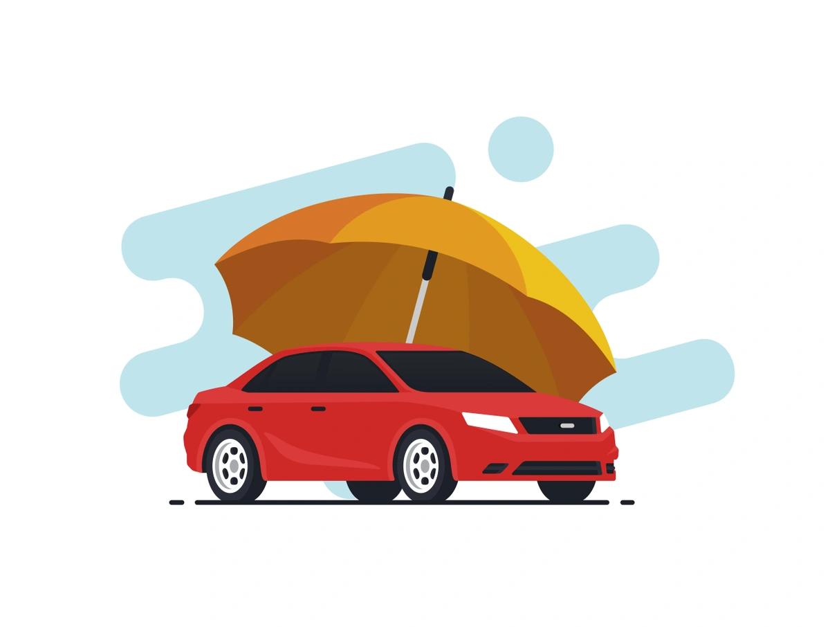 Illustration of a red car under a big, yellow umbrella