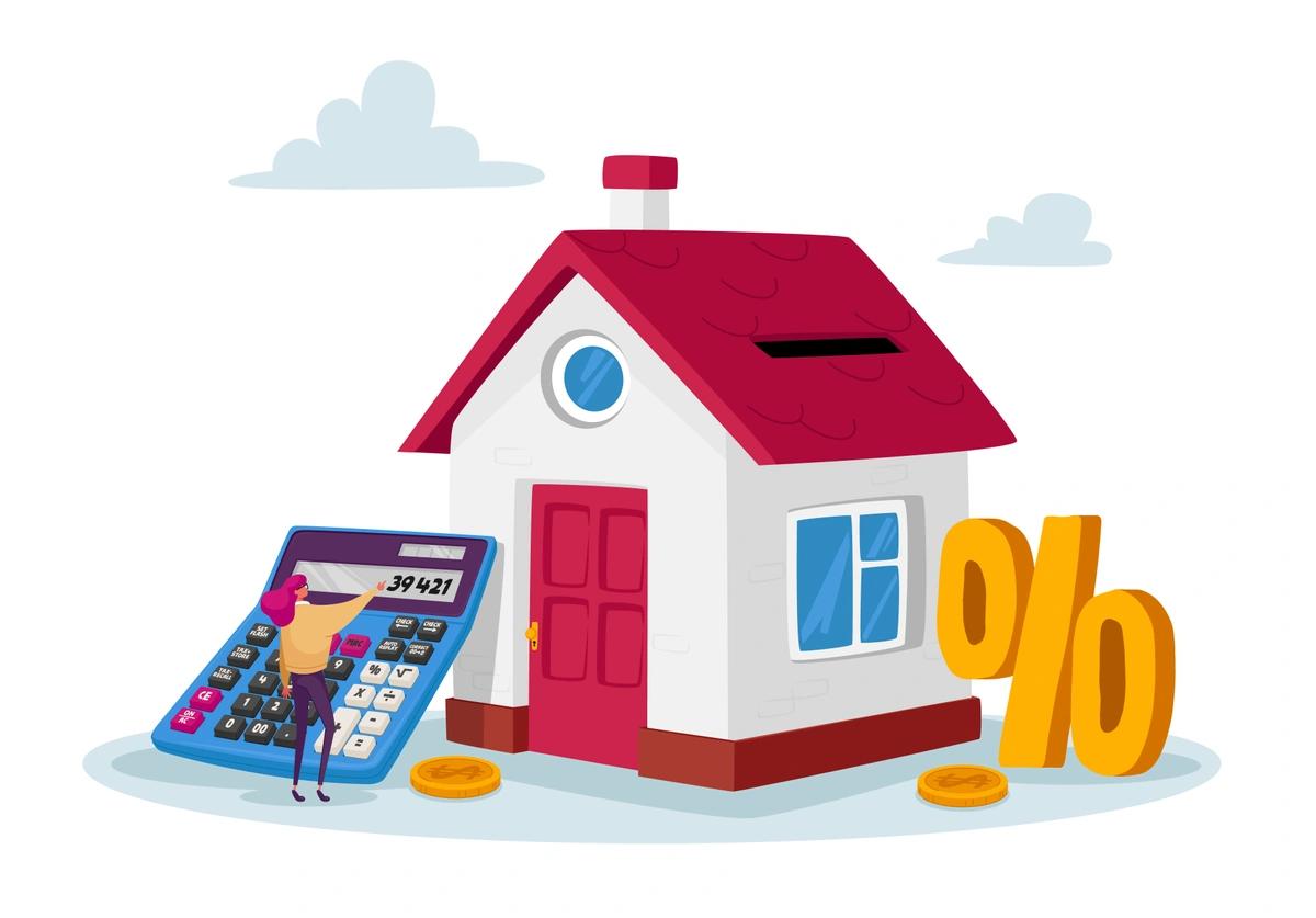 An illustration of a house and a woman keying figures into a giant calculator
