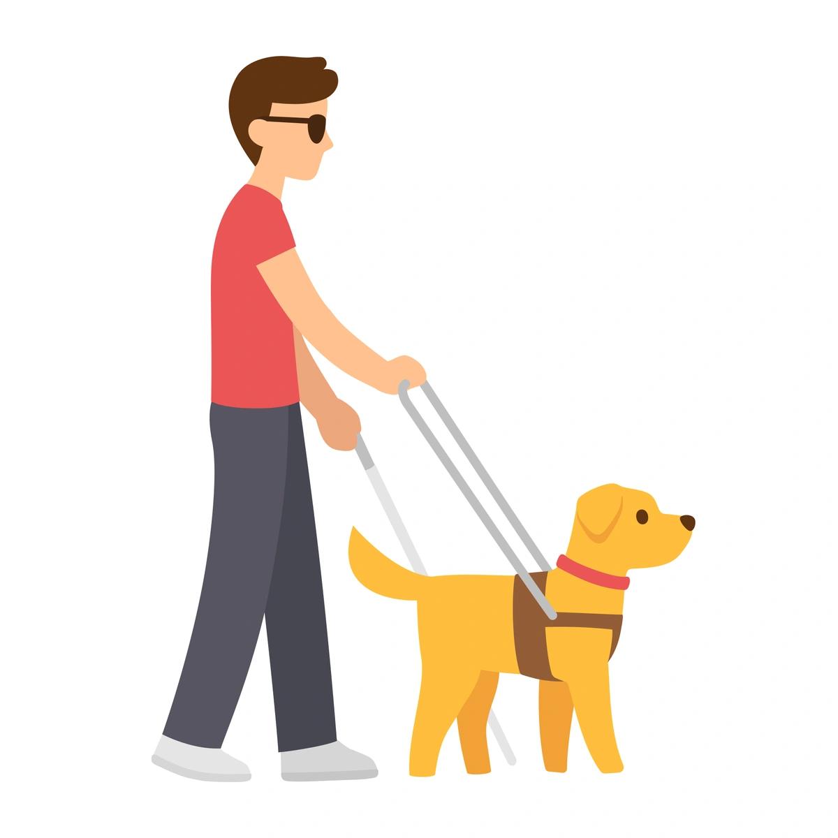 Illustration of a blind man with a stick and guide dog