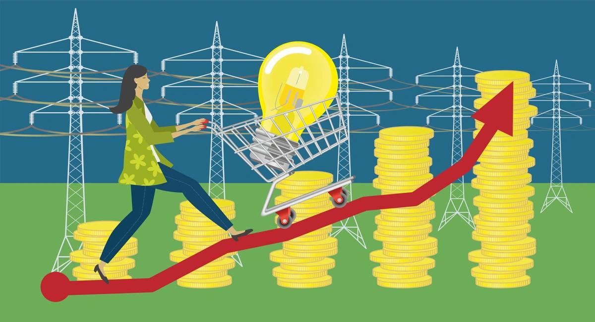 Illustration of a woman pushing a shopping trolley with a lightbulb in it up ascending piles of coins