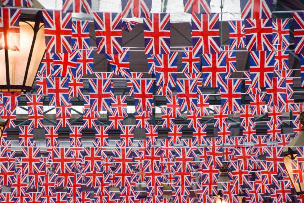 Images of rows and rows of Union Jack bunting hanging in London