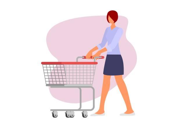 Illustrated image of a woman pushing a supermarket trolly