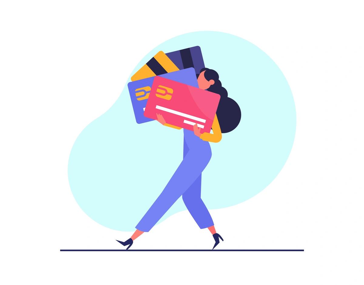 Illustration of a woman weighed down by lots of credit cards
