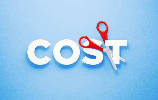 Blue image with the word cost in white being cut in two with scissors