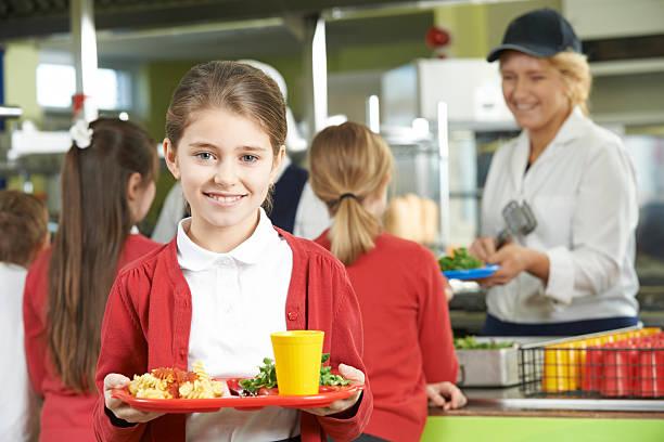 Image of a primary school pupil in uniform carrying a tray with her school lunch