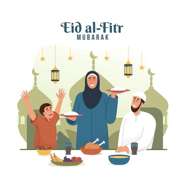 Family illustrated celebrating Eid