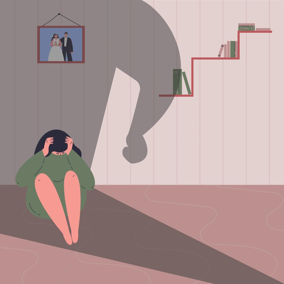 Illustration of woman cowering on the floor with the shadow of her abuser looming over her