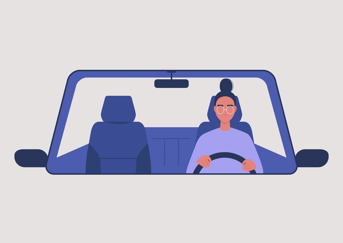 Illustration of a young woman driving a car