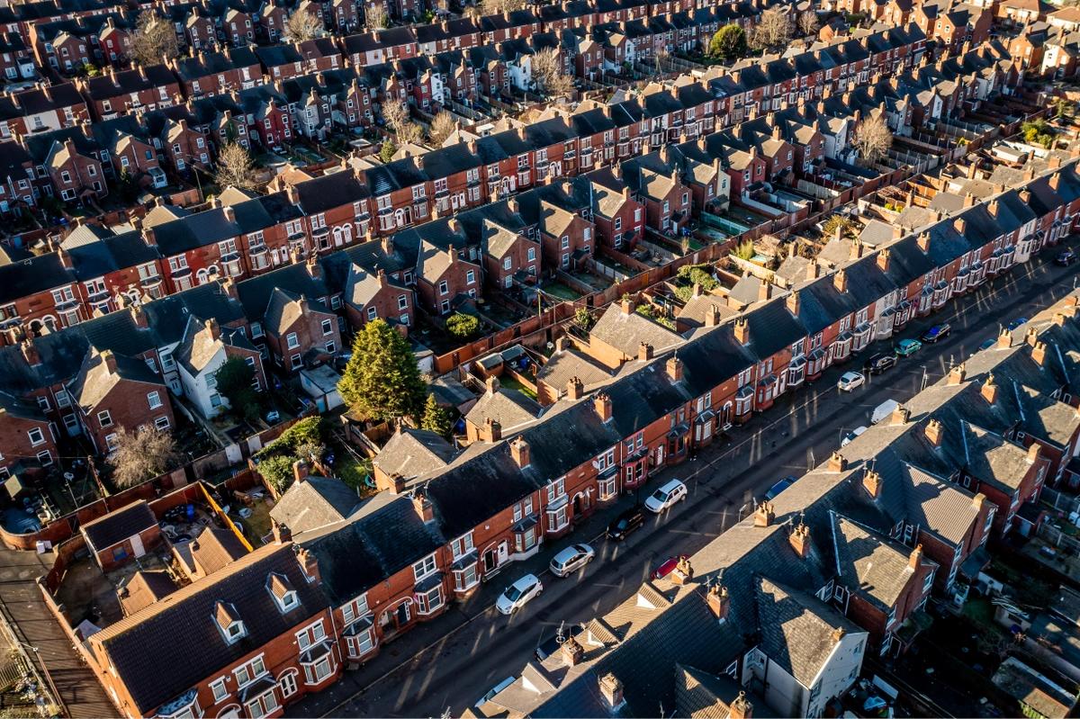 Aerial view of rows of terraced houses