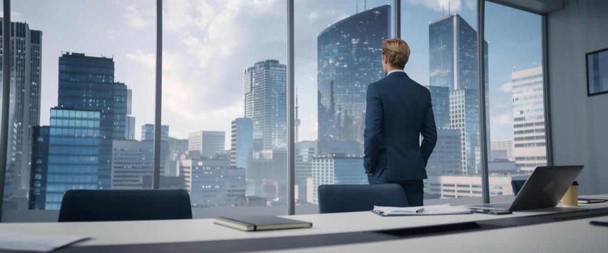 A company boss gazing out of his office window at the city below