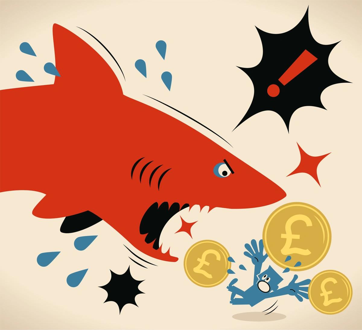 Illustration of a shark attacking a person surrounded by coins