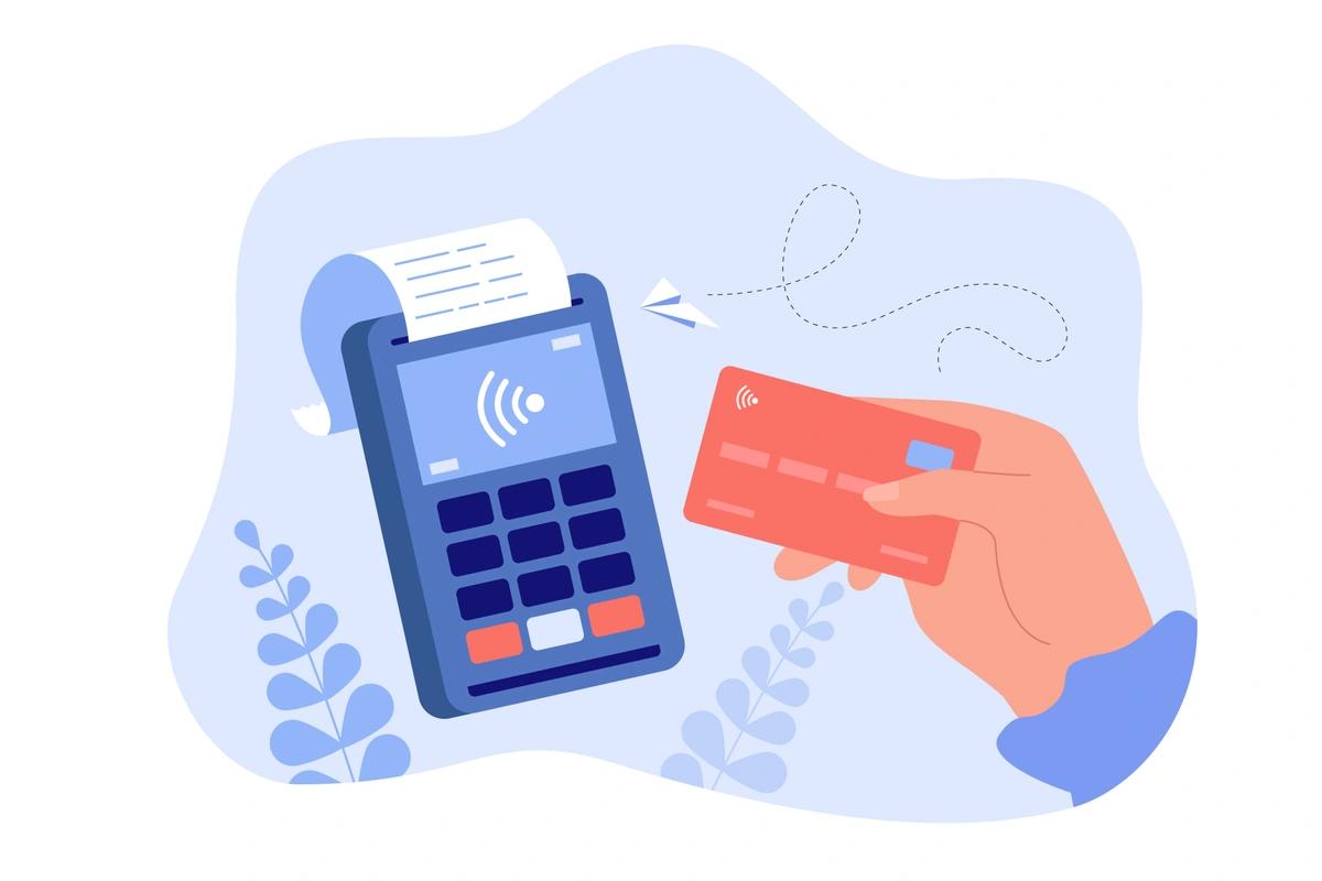 Illustration of a hand holding a credit card making a payment