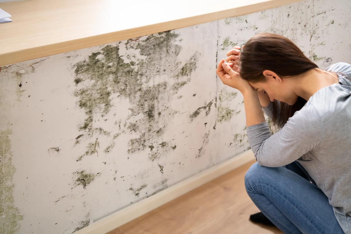 A social housing tenant with her head in her heads in front of a mouldy wall