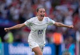 Image of England Women's footballer Ella Toone celebrating after scoring a goal for England