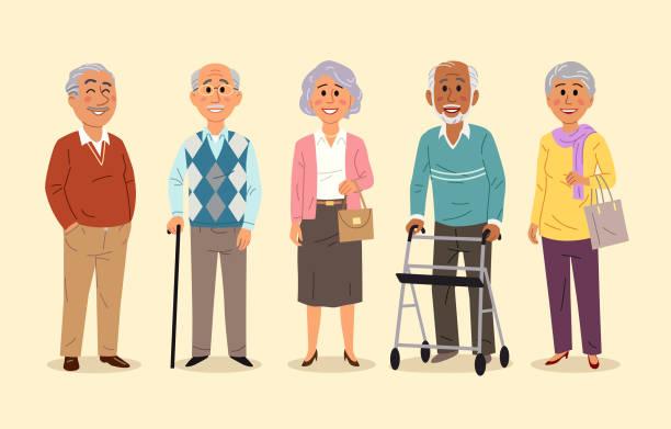 Illustrated image of several pensioners from different ethnic backgrounds. State pension top ups. National Insurance contributions gaps. How to top up your state pension