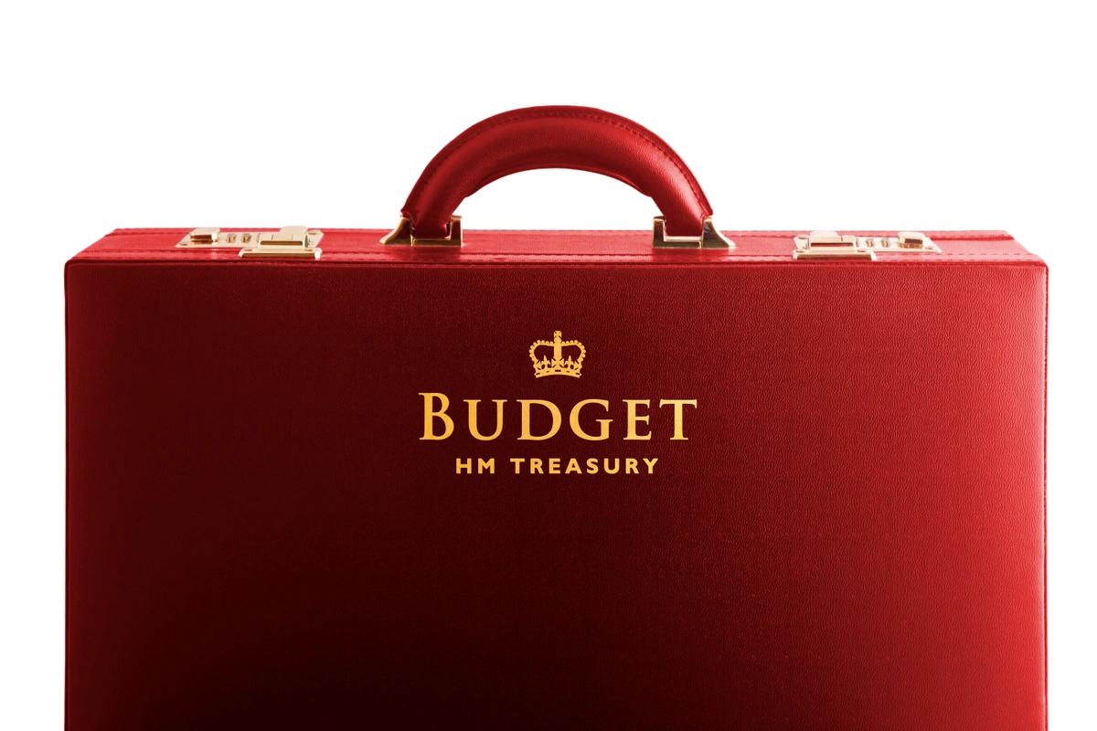 A close up of the Chancellor's red budget briefcase