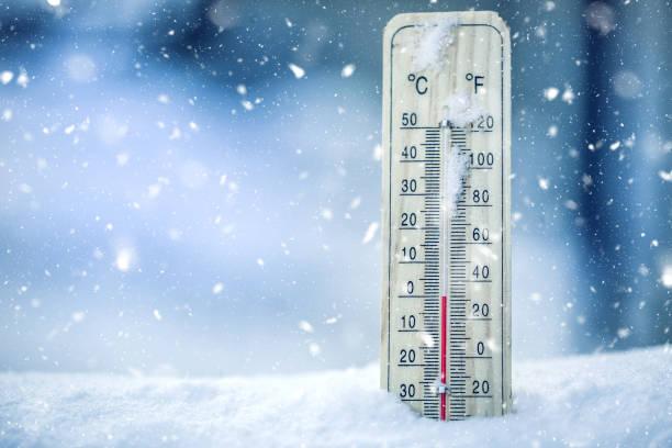 Image of a thermometer showing freezing in the snow
