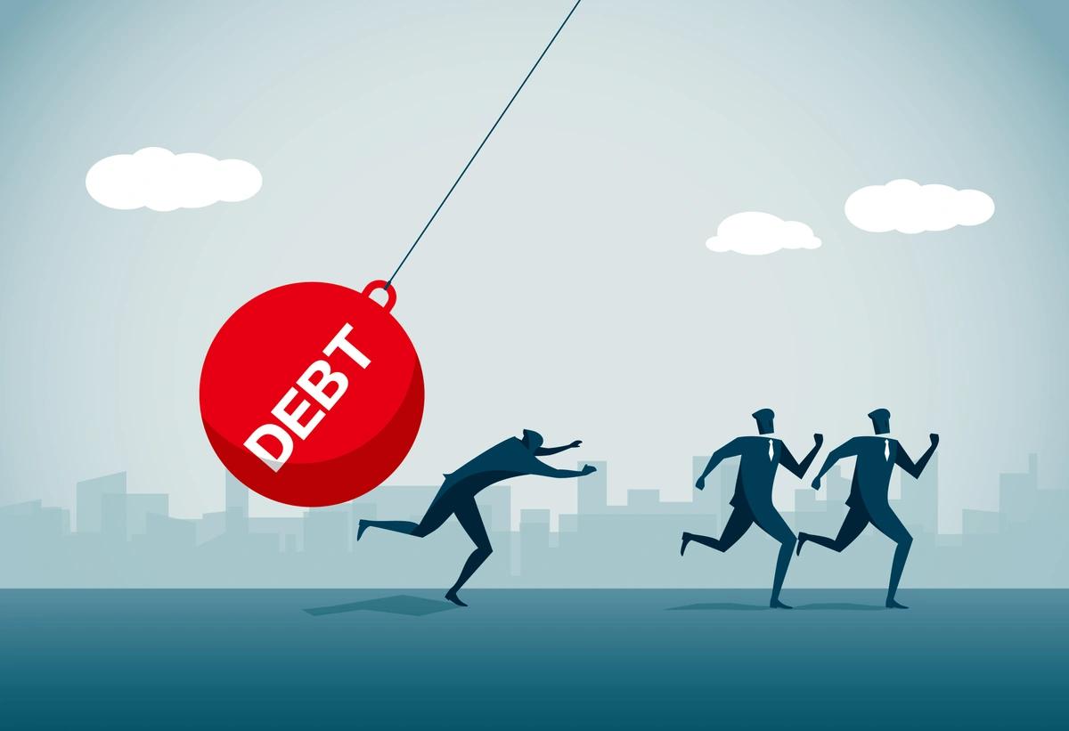 An illustration of three figures trying to run away from a debt wrecking ball