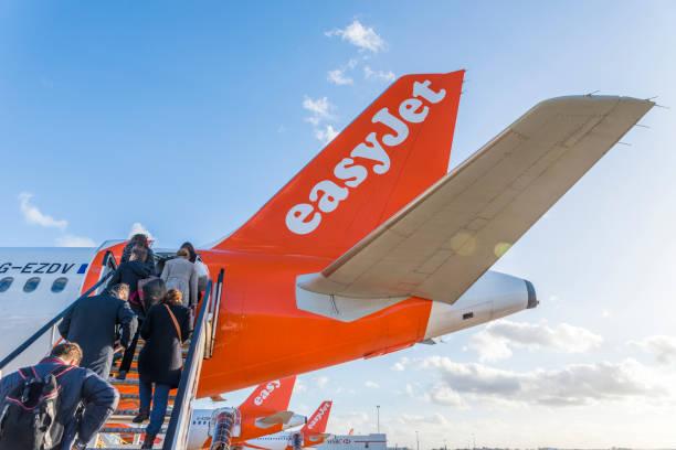 Image of an easyJet plane with passengers queuing to board
